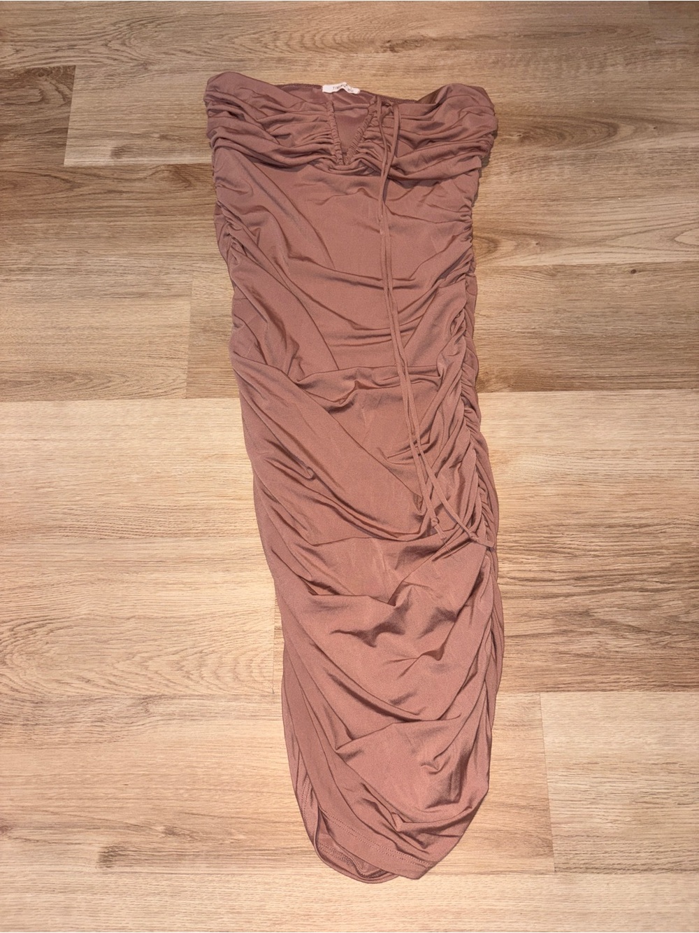 Strapless Ruched Midi Dress in Mauve